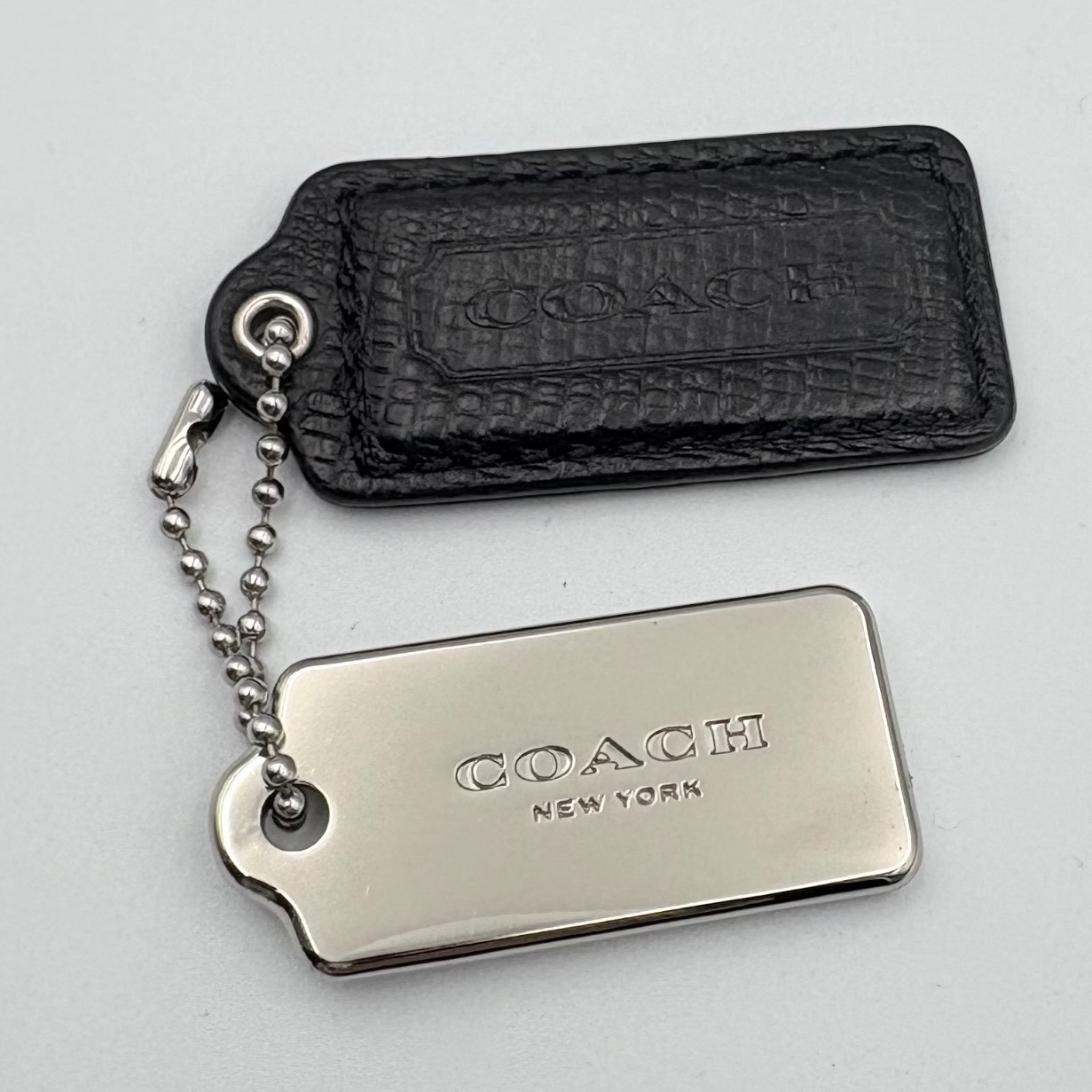 Coach Purse Hangtag Set Black Leather Silver Logo Metal Chain Charm Set